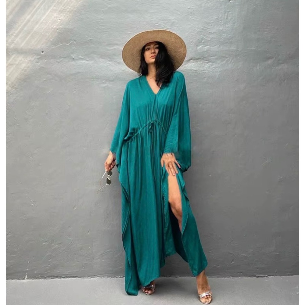 Rashi Teal Green Geometric Print Kaftan Maxi Dress Wide Kimono Sleeve One Size